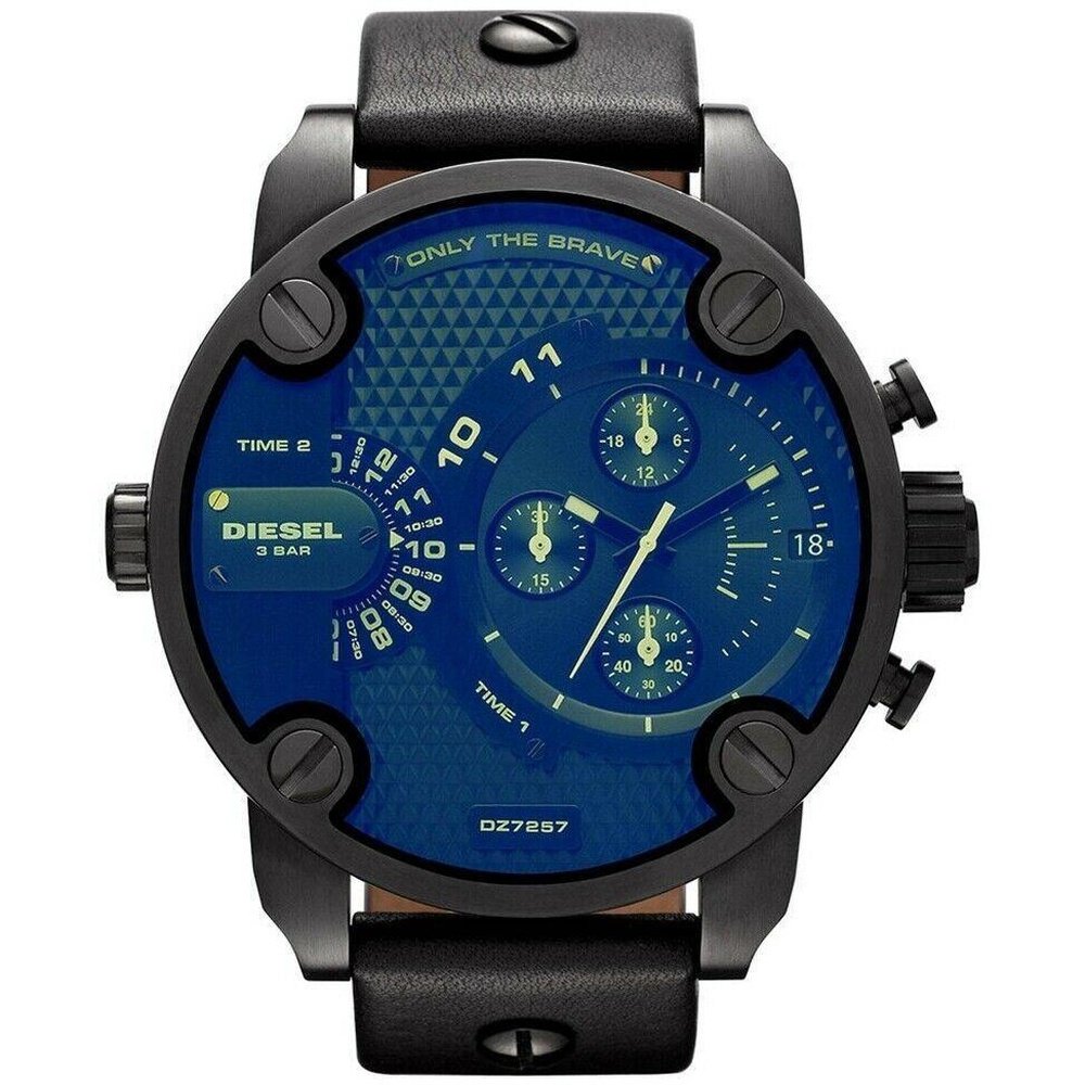 Diesel DZ7257 Bad Ass Chronograph Blue Dial Black Leather Men's Watch - WATCH & WATCH