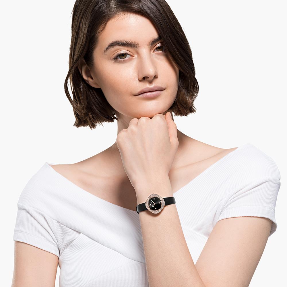 Swarovski 5552421 Crystal Leather Strap Black Rose Gold Tone Women's Watch - WATCH & WATCH