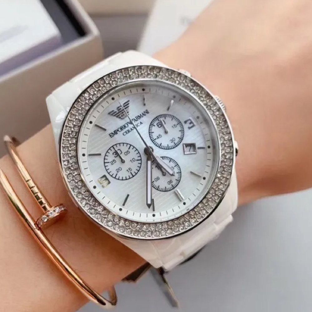 Emporio Armani AR1456 Ceramica Crystal White Ladies Watch - WATCH & WATCH