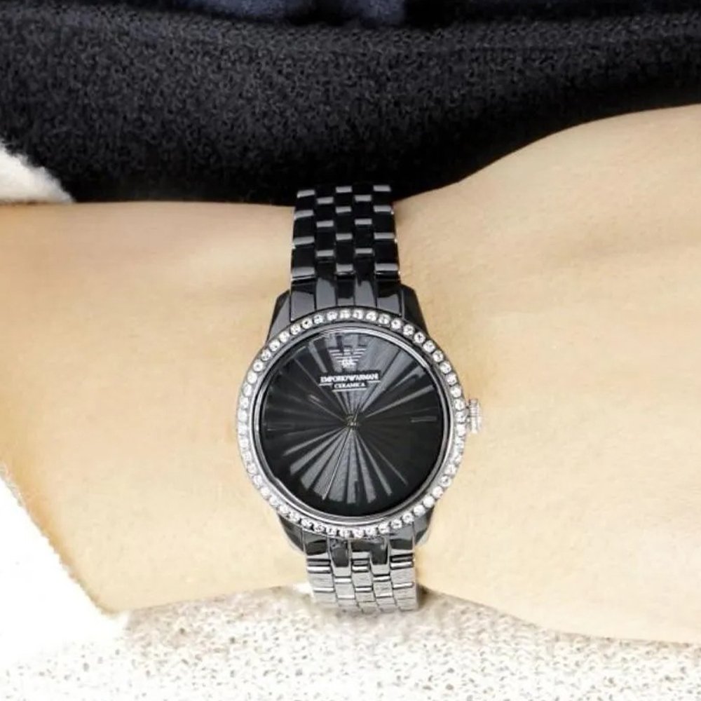 Emporio Armani AR1478 Ladies Ceramica Black Crystal Watch - WATCH & WATCH