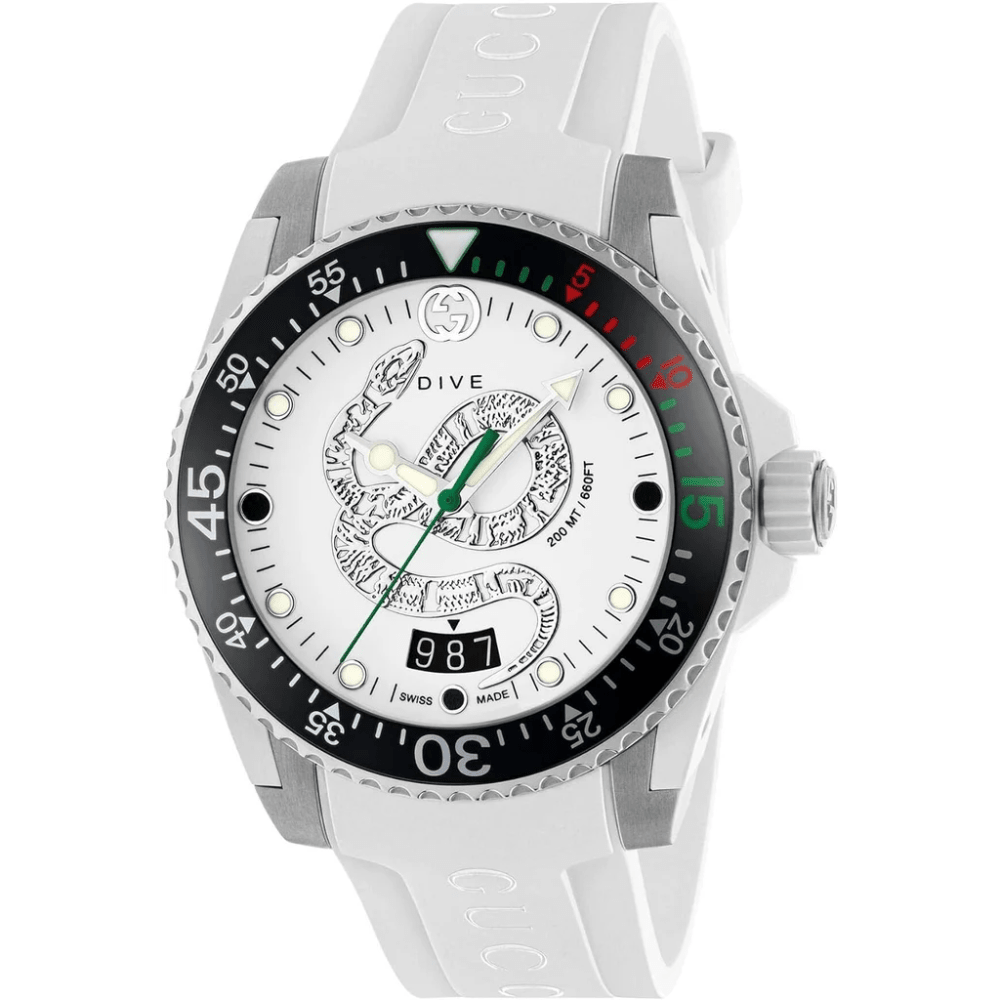 Gucci YA136330 Dive Snake Motif White Dial Men's Watch - WATCH & WATCH