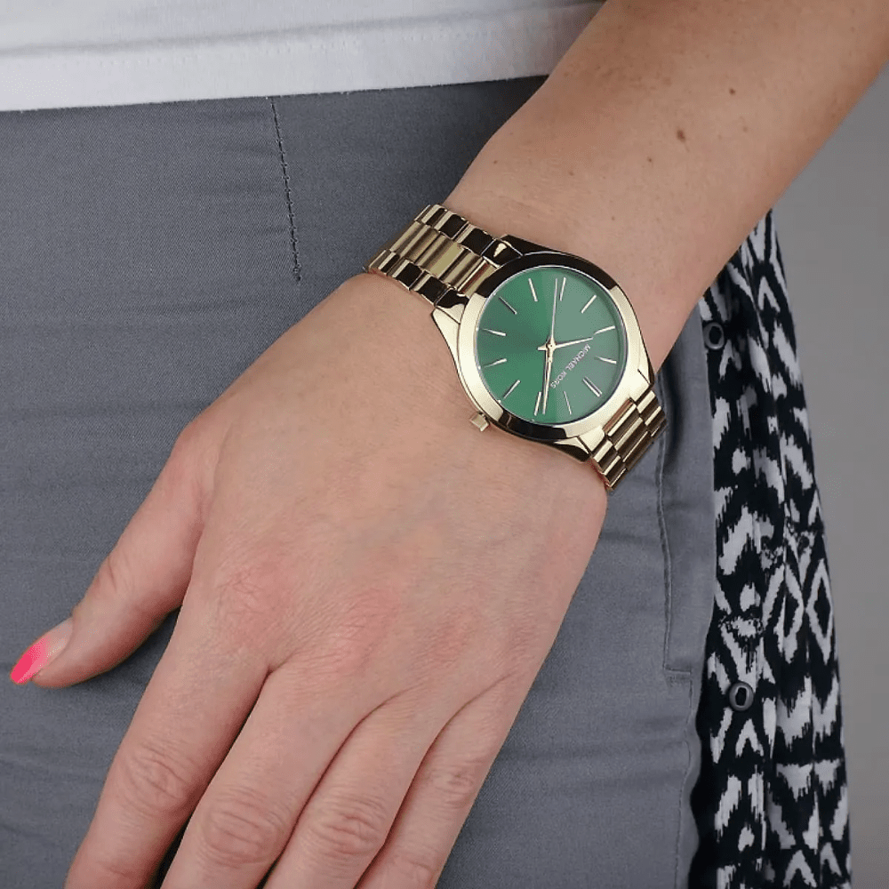 Michael Kors MK3435 Slim Runway Green Dial Gold - Tone Ladies Watch - WATCH & WATCH