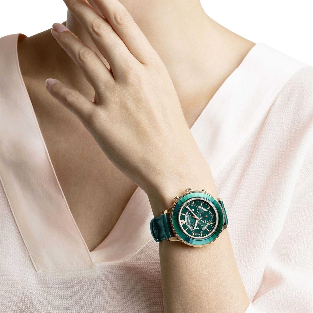 Swarovski Octea Lux Chrono Watch, Leather Strap, Green, Rose - Gold Tone PVD - WATCH & WATCH