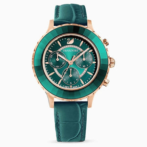 Swarovski Octea Lux Chrono Watch, Leather Strap, Green, Rose - Gold Tone PVD - WATCH & WATCH